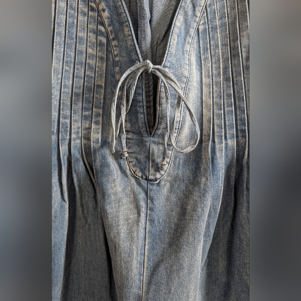 Distressed Wash Denim Romper with Tie Front - Picture 3 of 6